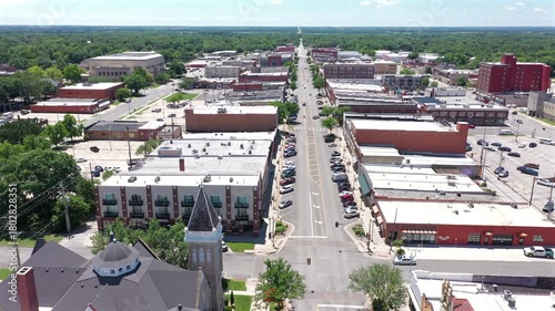 Afternoon sun shines on the historic buildings of downtown Emporia, Kansas, USA.