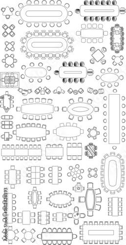 Extensive top-view vector set of oval and rectangular conference and dining tables with chairs for architectural layouts.