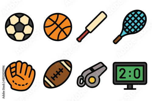 Eight distinct hand-drawn icons depict sports items like balls, bats, a glove, a whistle, and a digital scoreboard.