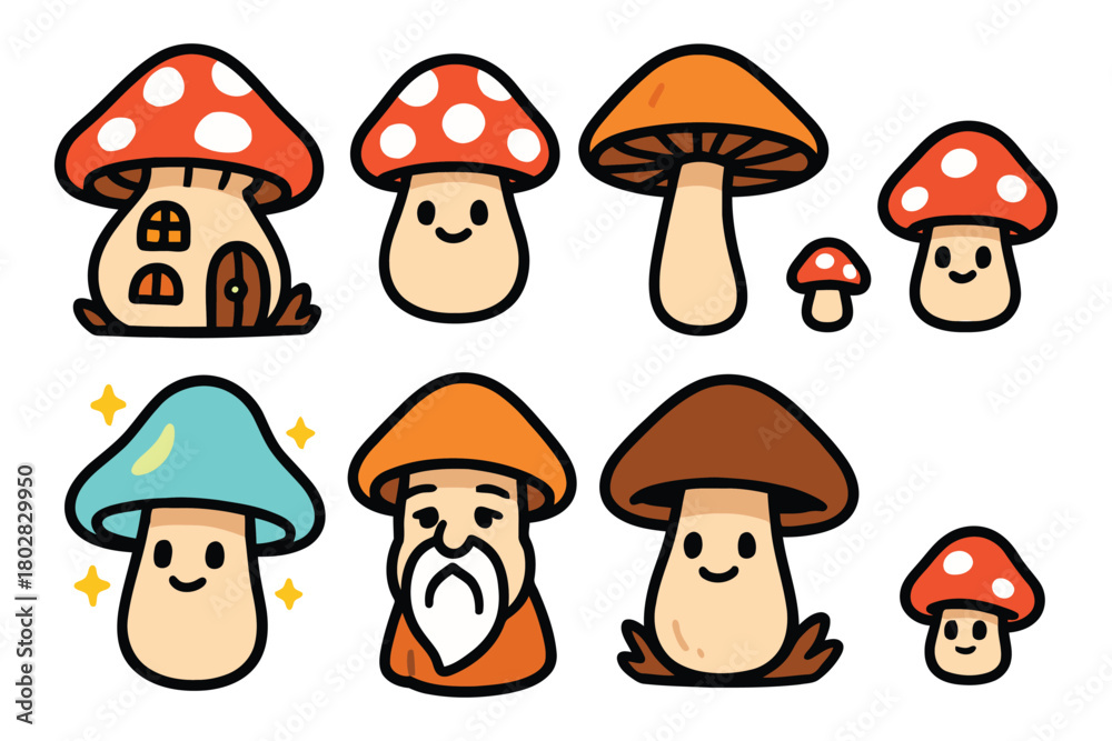 Fototapeta premium A delightful assortment of hand-drawn cartoon mushrooms, each with a unique personality and playful expression, perfect for fantasy themes.