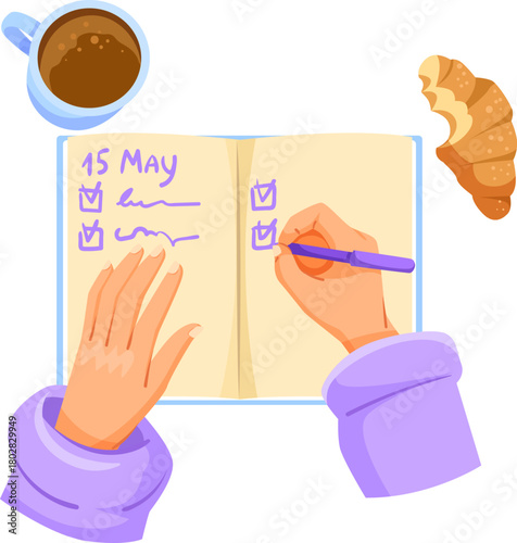 Hands writing checklist in notebook with coffee and croissant, flat cartoon style on white background. Concept of daily planning. Vector illustration