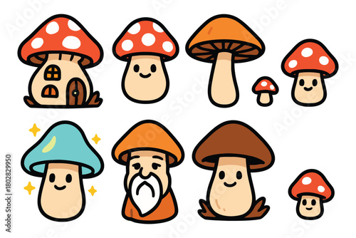 A delightful assortment of hand-drawn cartoon mushrooms, each with a unique personality and playful expression, perfect for fantasy themes.