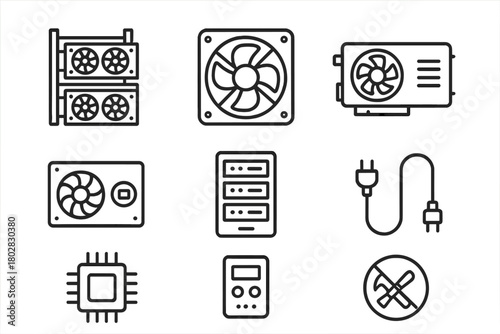 Mining Equipment Icons. Line style icons of Mining: Mining Rig, Fan, GPU, Power Supply, Server Rack, Cable, Chip, Control Panel,