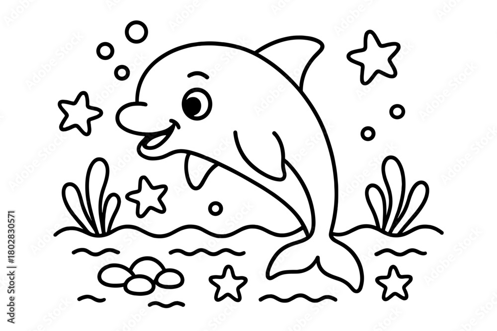 Obraz premium Playful Dolphin Coloring Page. A cute dolphin in a playful scene with friendly details, black and white line art, children’s