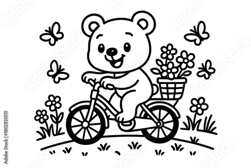Bear Cub Adventure. A cheerful bear cub riding a bicycle with flowers, butterflies, and grass along the path, black and white line