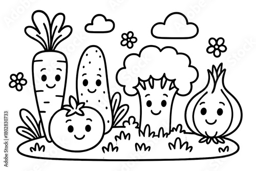 Playful Vegetables Coloring. A cute vegetables in a playful scene with friendly details, black and white line art, children’s