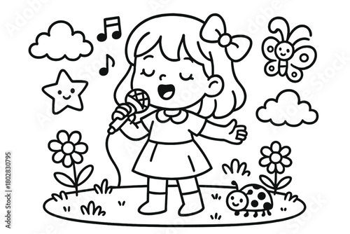 Playful Singer Scene. A cute singer in a playful scene with friendly details, black and white line art, children’s coloring book