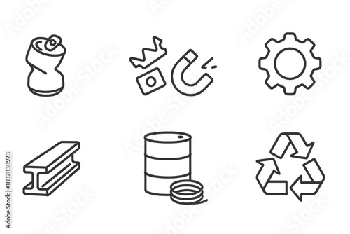 Metal Recycling Icons. Line style icons of Metal Recycling: Crushed Can, Metal Scraps, Magnet, Gear, Steel Beam, Barrel, Wire,