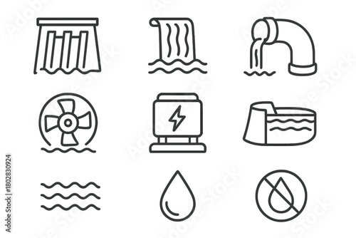 Hydropower Icons Set. Line style icons of Hydropower: Dam, Waterfall, Pipe, Turbine, Generator, Reservoir, Wave, Drop, No text, No