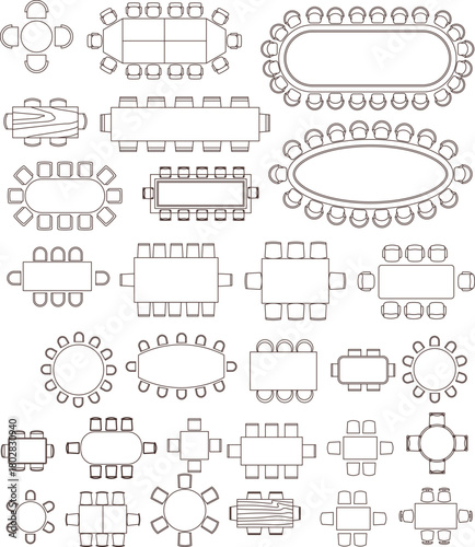 Massive top-view vector set of formal dining and conference table arrangements with symmetrical seating layouts for floor plans.