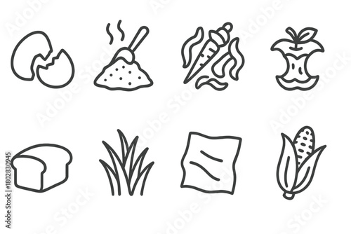 Organic Waste Icons. Line style icons of Organic Waste: Eggshell, Coffee Grounds, Vegetable Peels, Fruit Scraps, Bread Crust,