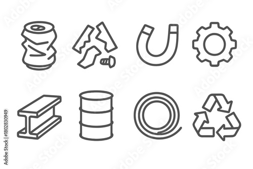 Metal Recycling Icons. Line style icons of Metal Recycling: Crushed Can, Metal Scraps, Magnet, Gear, Steel Beam, Barrel, Wire,