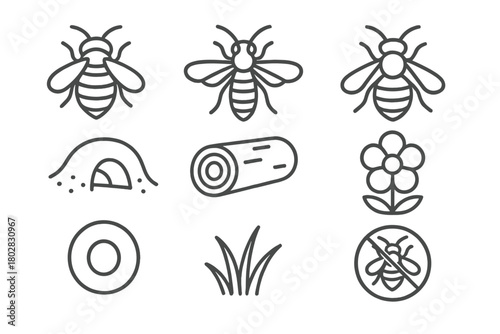 Wild Bee Line Icons. Line style icons of Wild Bees: Bumblebee, Leafcutter Bee, Mason Bee, Ground Nest, Hollow Log, Flower, Nest