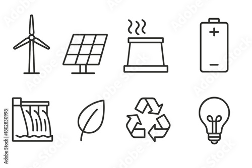 Sustainable Energy Icons. Line style icons of Sustainable Energy: Wind Turbine, Solar Panel, Geothermal Plant, Battery,