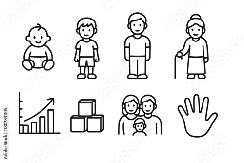Developmental Stages Icons. Line style icons of Developmental Psychology: Baby, Child, Adult, Elderly, Growth Chart, Blocks,