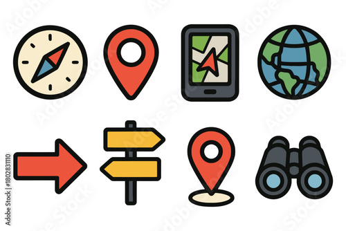 A set of colorful cartoon icons representing travel and navigation tools such as a compass map pin globe binoculars and directional signs.