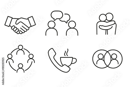 Social Interaction Icons. Line style icons of Social Interaction: Handshake, Conversation, Group, Hug, People Circle, Phone,