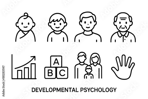 Developmental Stages Icons. Line style icons of Developmental Psychology: Baby, Child, Adult, Elderly, Growth Chart, Blocks,