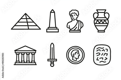 Ancient History Icons. Line style icons of Ancient History: Pyramid, Obelisk, Statue, Pottery, Temple, Sword, Coin, Script, No