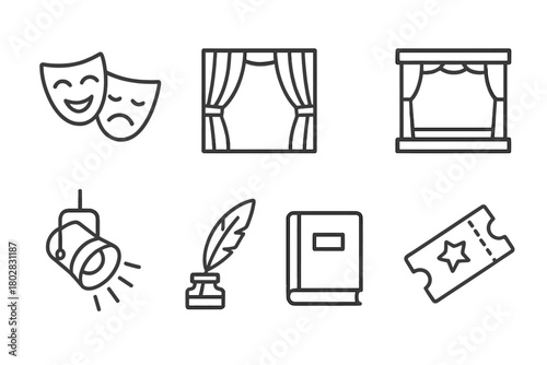 Drama Icon Set. Line style icons of Drama: Theater Mask, Curtain, Script, Stage, Spotlight, Quill, Book, Ticket, No text, No