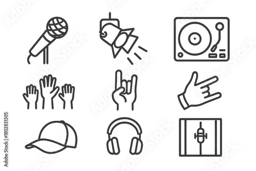 Rap Performance Icons. Line style icons of Rap Performance: Stage Microphone, Spotlight, DJ Turntable, Crowd Hands Up, Rapper Hand