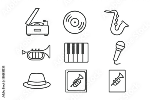 Jazz Instruments Icons. Line style icons of Jazz History: Old Record Player, Vinyl, Saxophone, Trumpet, Piano, Microphone, Hat,
