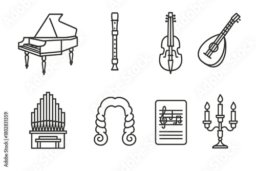 Baroque Music Icons. Line style icons of Baroque Music: Harpsichord, Recorder, Viola da Gamba, Lute, Organ, Wig, Sheet Music,