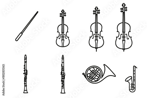 Orchestra Instrument Icons. Line style icons of Orchestra: Conductor Baton, Violin, Viola, Cello, Double Bass, Oboe, Clarinet,