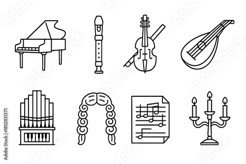 Baroque Music Icons. Line style icons of Baroque Music: Harpsichord, Recorder, Viola da Gamba, Lute, Organ, Wig, Sheet Music,