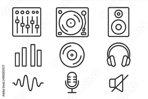 Dub Music Icons. Line style icons of Dub Music: Mixer, Turntable, Speaker, Equalizer, Vinyl Record, Headphones, Sound Waves,