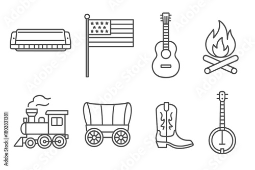 Americana Icon Collection. Line style icons of Americana: Harmonica, Flag, Acoustic Guitar, Campfire, Train, Wagon, Boots, Banjo,