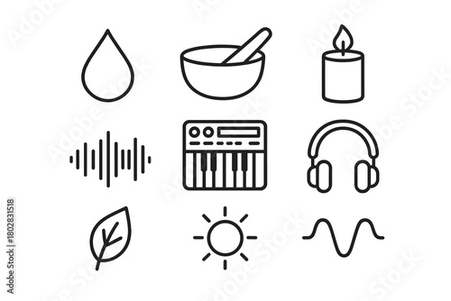Healing Sound Icons. Line style icons of Healing Sounds: Water Drop, Singing Bowl, Candle, Waveform, Synthesizer, Headphones, Leaf