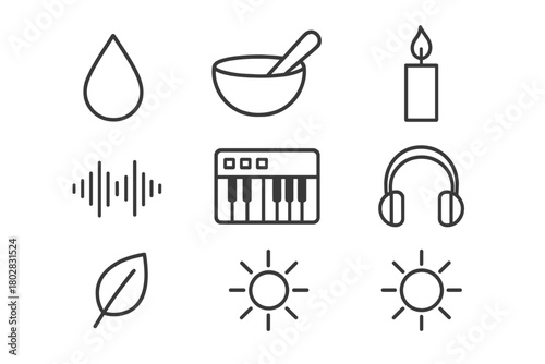 Healing Sound Icons. Line style icons of Healing Sounds: Water Drop, Singing Bowl, Candle, Waveform, Synthesizer, Headphones, Leaf