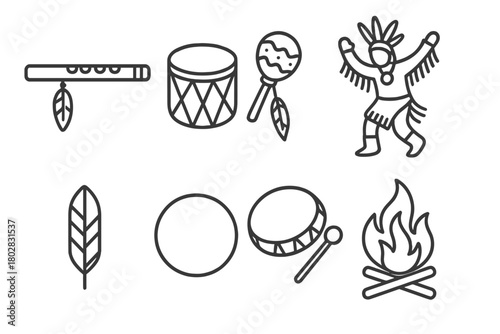 Native American Music Icons. Line style icons of Native American Music: Flute, Drum, Rattle, Powwow Dancer, Feather, Hoop, Hand