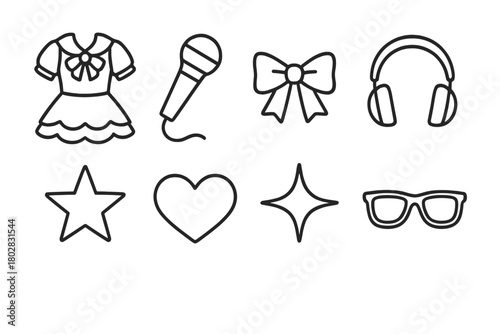 Idol Fashion Icons. Line style icons of Idol Fashion: Costume, Microphone, Ribbon, Headphones, Star, Heart, Sparkle, Sunglasses,