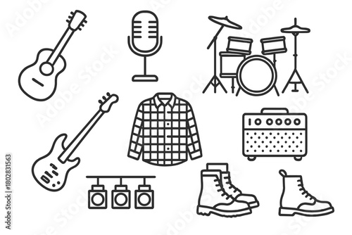 Grunge Band Icons. Line style icons of Grunge Band: Guitar, Microphone, Drum Kit, Bass, Flannel Shirt, Amplifier, Stage Lights,