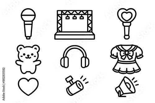 Idol Culture Icons. Line style icons of Idol Culture: Microphone, Stage, Fan Light Stick, Cute Mascot, Headphones, Costume, Heart,