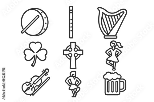 Irish Folk Icons Collection. Line style icons of Irish Folk: Bodhrán, Tin Whistle, Harp, Fiddle, Shamrock, Celtic Cross, Dancing