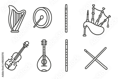 Celtic Instrument Icons. Line style icons of Celtic Instruments: Harp, Bodhrán, Tin Whistle, Bagpipes, Fiddle, Mandolin, Flute,