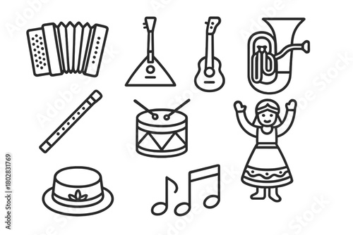 Slavic Folk Icons. Line style icons of Slavic Folk: Accordion, Balalaika, Tuba, Flute, Drum, Dancer, Folk Hat, Music Notes, No
