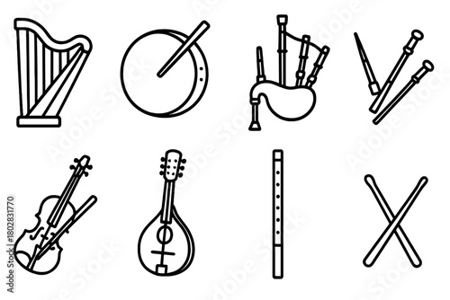 Celtic Instrument Icons. Line style icons of Celtic Instruments: Harp, Bodhrán, Tin Whistle, Bagpipes, Fiddle, Mandolin, Flute,