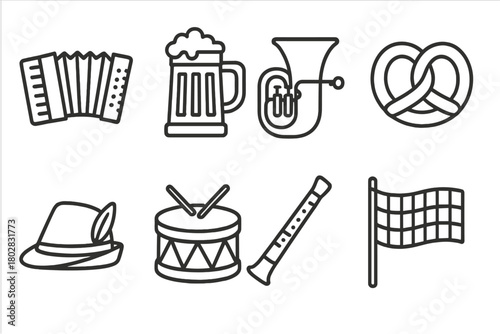 Oktoberfest Icon Set. Line style icons of Oktoberfest Music: Accordion, Beer Stein, Tuba, Pretzel, Hat, Drum, Clarinet, Flag, No