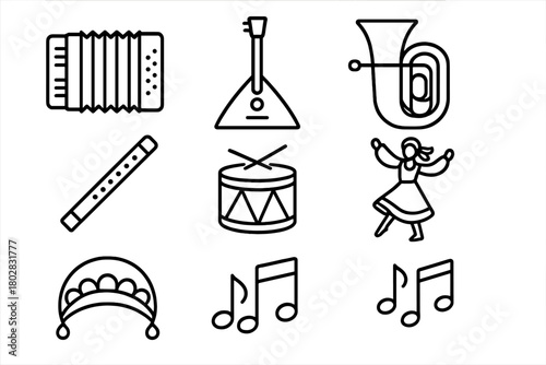 Slavic Folk Icons. Line style icons of Slavic Folk: Accordion, Balalaika, Tuba, Flute, Drum, Dancer, Folk Hat, Music Notes, No
