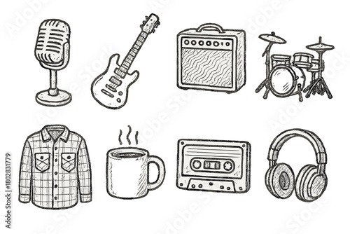 Grunge Studio Icons. Line style icons of Grunge Studio: Microphone, Guitar, Amplifier, Drum Kit, Flannel Shirt, Coffee Mug,