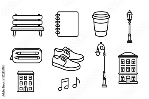 Street Sketch Essentials. Line style icons of Street Sketching: Bench, Sketchpad, Coffee Cup, Pencil Case, Shoes, Lamp Post,