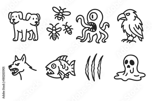 Mutant Creature Icons. Line style icons of Mutant Creatures: Two-Headed Animal, Insect Swarm, Tentacle Beast, Deformed Bird, Feral