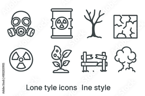 Toxic Wasteland Icons. Line style icons of Toxic Wasteland: Gas Mask, Toxic Barrel, Dead Tree, Cracked Ground, Radiation Symbol,