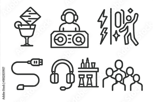 Cyberpunk Nightlife Icons. Line style icons of Cyberpunk Nightlife: Holographic Drink, DJ Booth, Neon Lights, Dancing Figure, Data