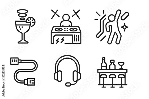 Cyberpunk Nightlife Icons. Line style icons of Cyberpunk Nightlife: Holographic Drink, DJ Booth, Neon Lights, Dancing Figure, Data