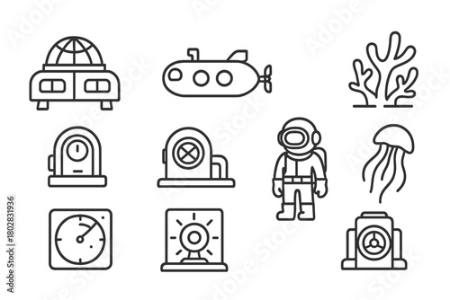 Abyssal Station Icons. Line style icons of Abyssal Station: Research Dome, Submarine, Coral Structure, Airlock, Deep Sea Diver,